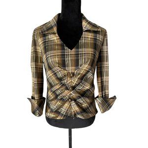Joseph Ribkoff Gold Plaid Pleated V-neck Blouse Top US 6 Small S
